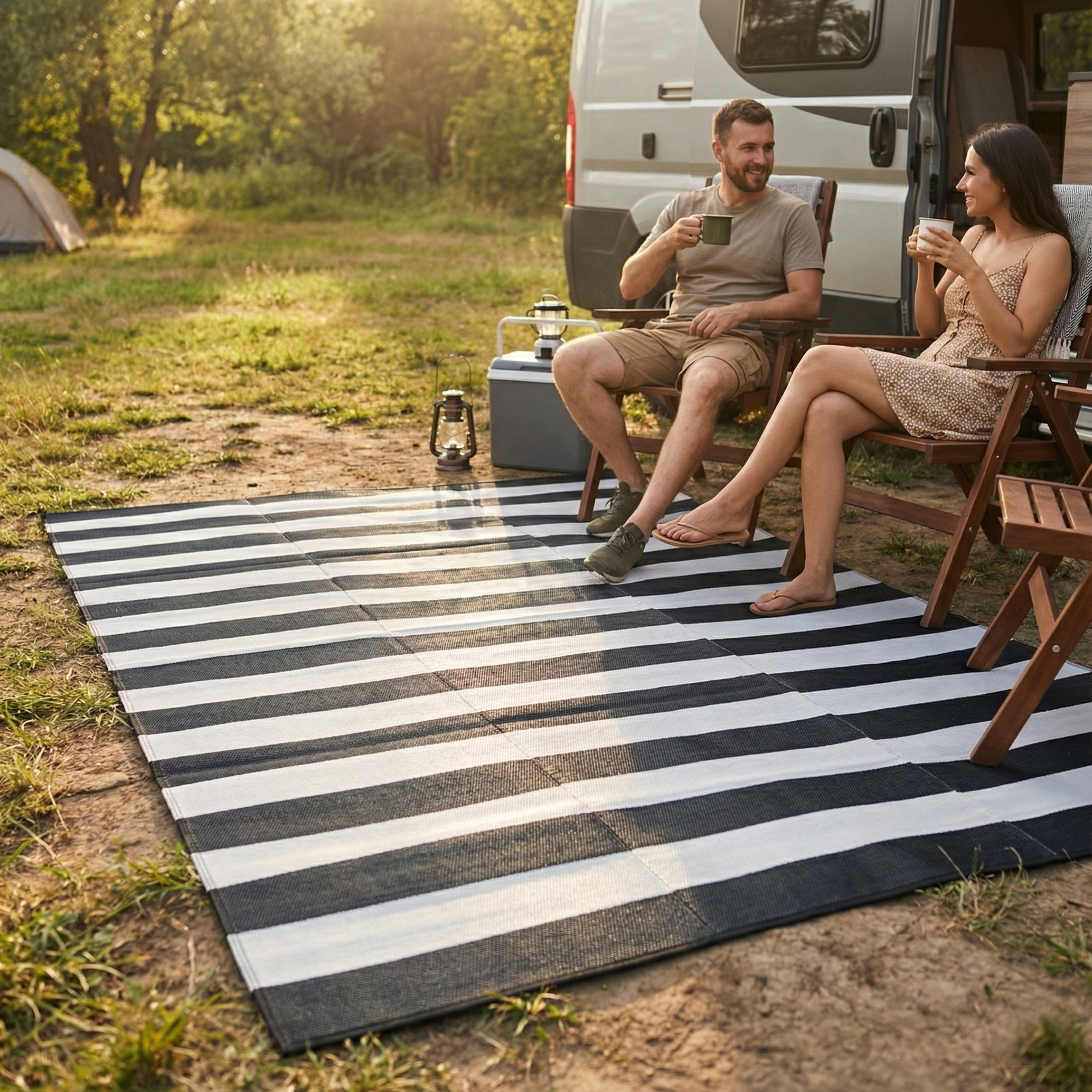 Lifestyle view of couple on black and white striped foldable outdoor rug by camper van
